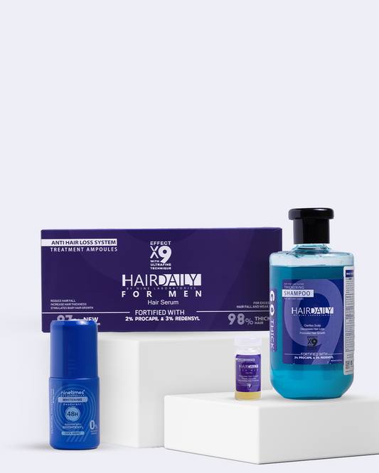 Hereditary baldness treatment routine and filling in gaps for men + (roll-on gift)